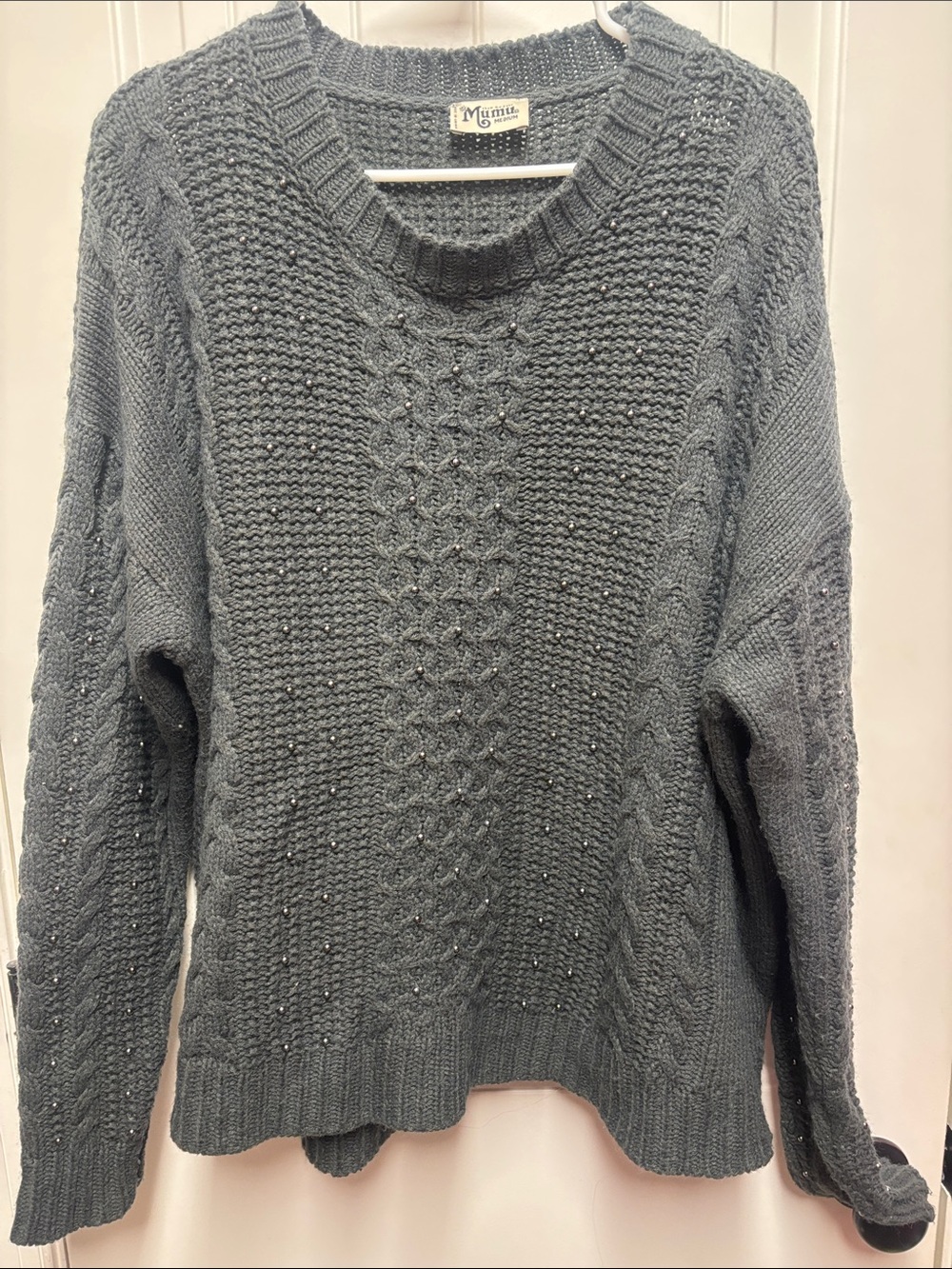Show Me Your MuMu Gray Cable Knit Crew Sweater with Metallic Beads size M